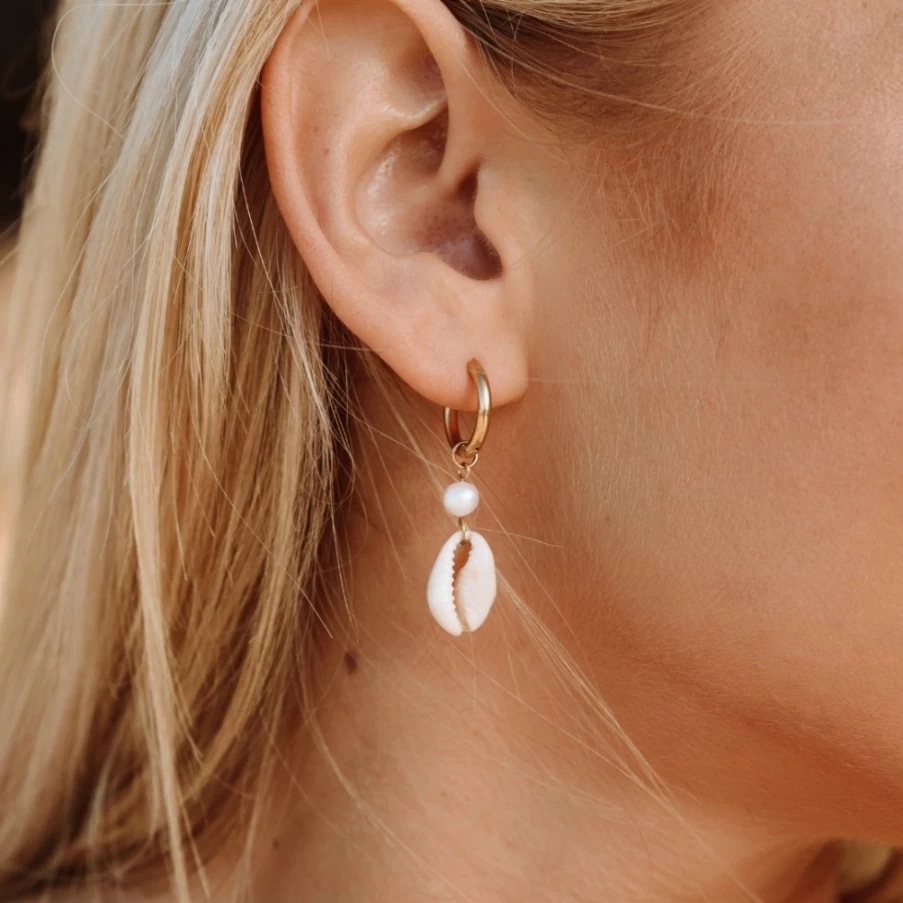 Atolea Jewelry Cowrie Shell Earrings - Handmade Beachy Hoop Dangles for Women