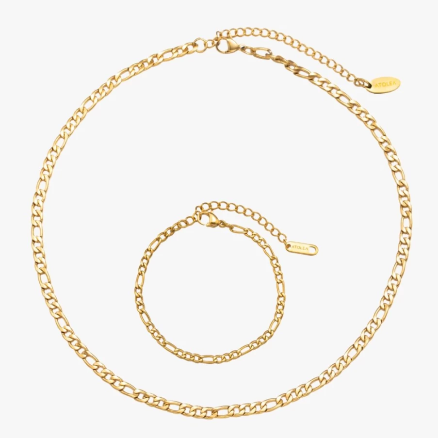 Atolea Jewelry Figaro Chain Necklace & Bracelet Set - Stylish Gold & Silver Bundle
