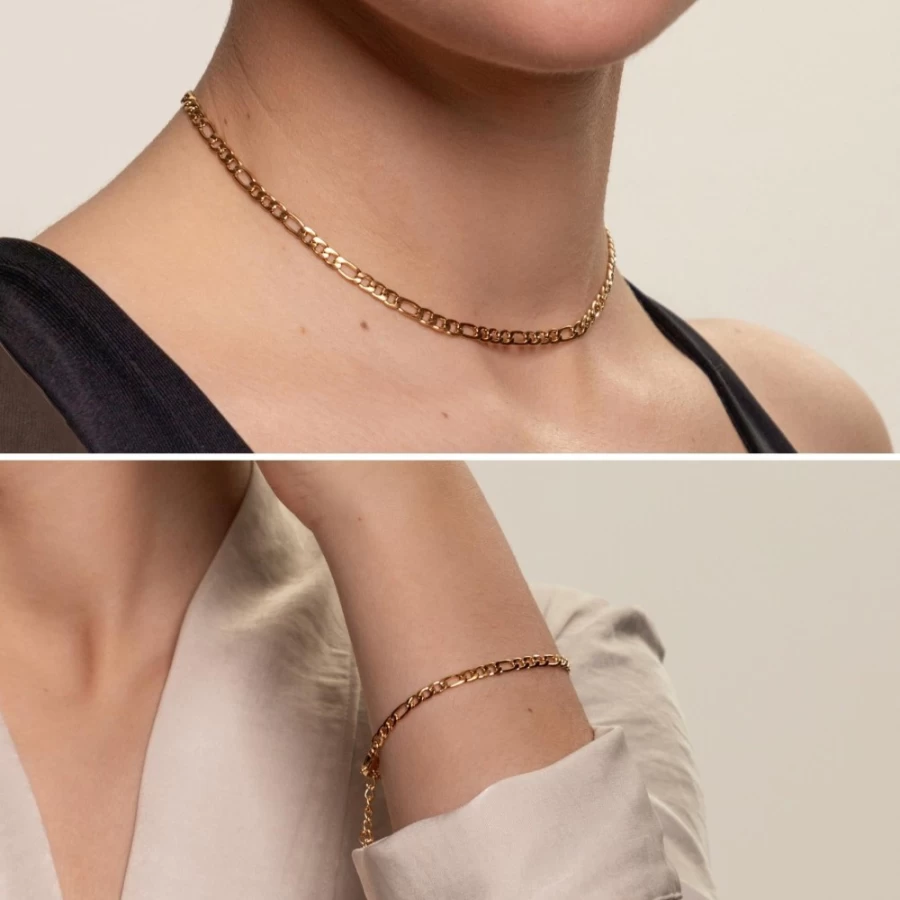 Atolea Jewelry Figaro Chain Necklace & Bracelet Set - Stylish Gold & Silver Bundle