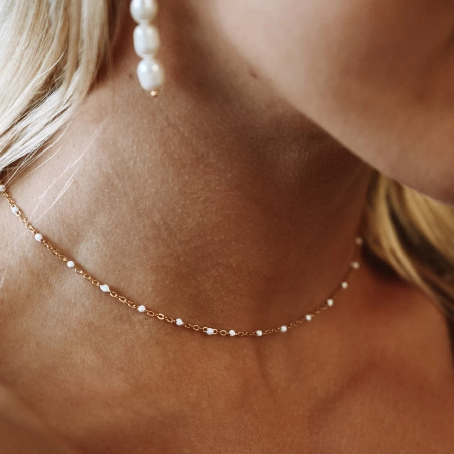 Atolea Jewelry White Beaded Choker Necklace - Elegant Boho Pearl Collar for Women